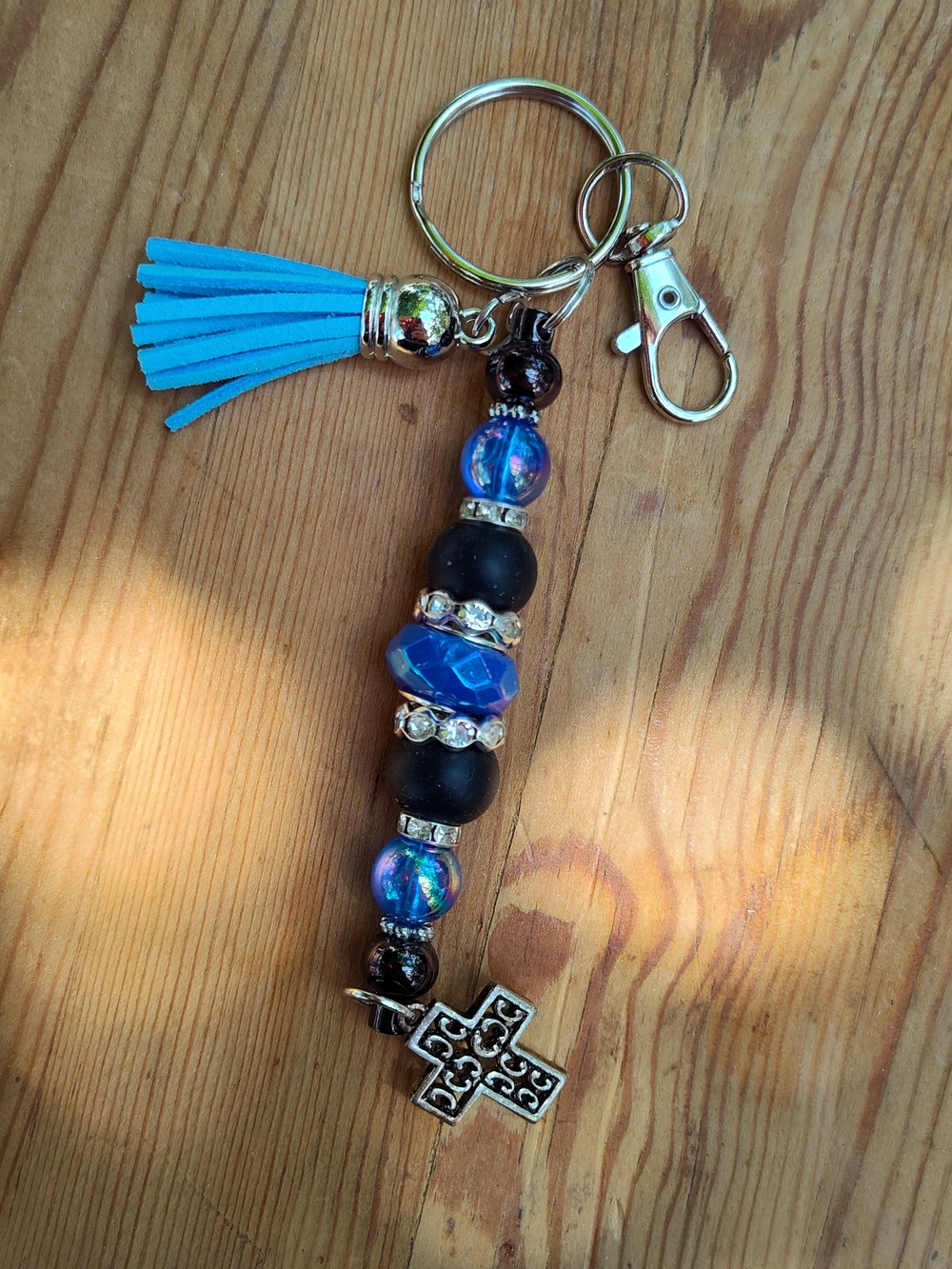 Blue Tassel Beaded Cross Keychain - Stylish Women's Accessory
